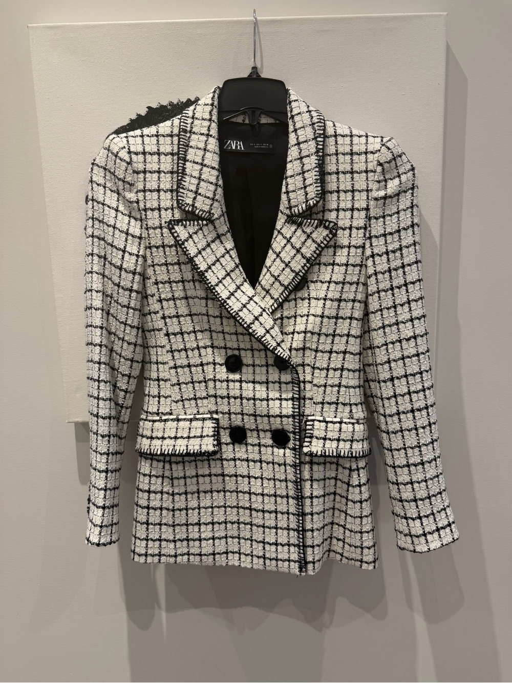 Zara Black and White Checked Tweed Double-Breasted Blazer